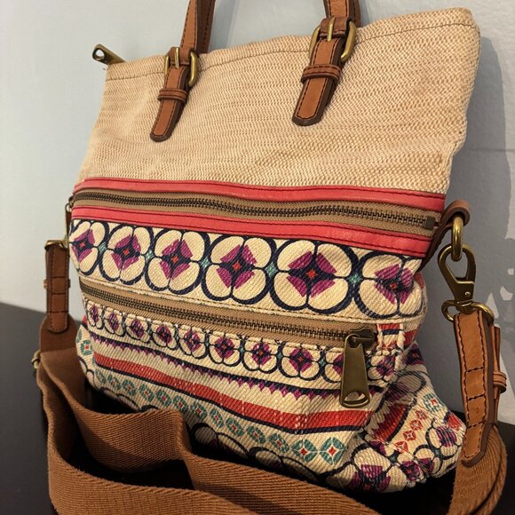 Fossil Bohemian Style Cream Geometric Design Explorer Fold Over Tote - Picture 2 of 15